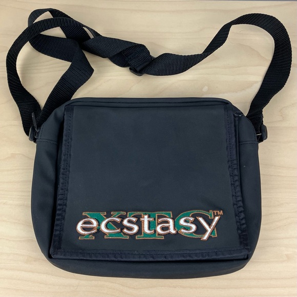 XTC Ecstasy Black Crossbody Shoulder Bag Travel Zip Embroidered Logo - Picture 1 of 14
